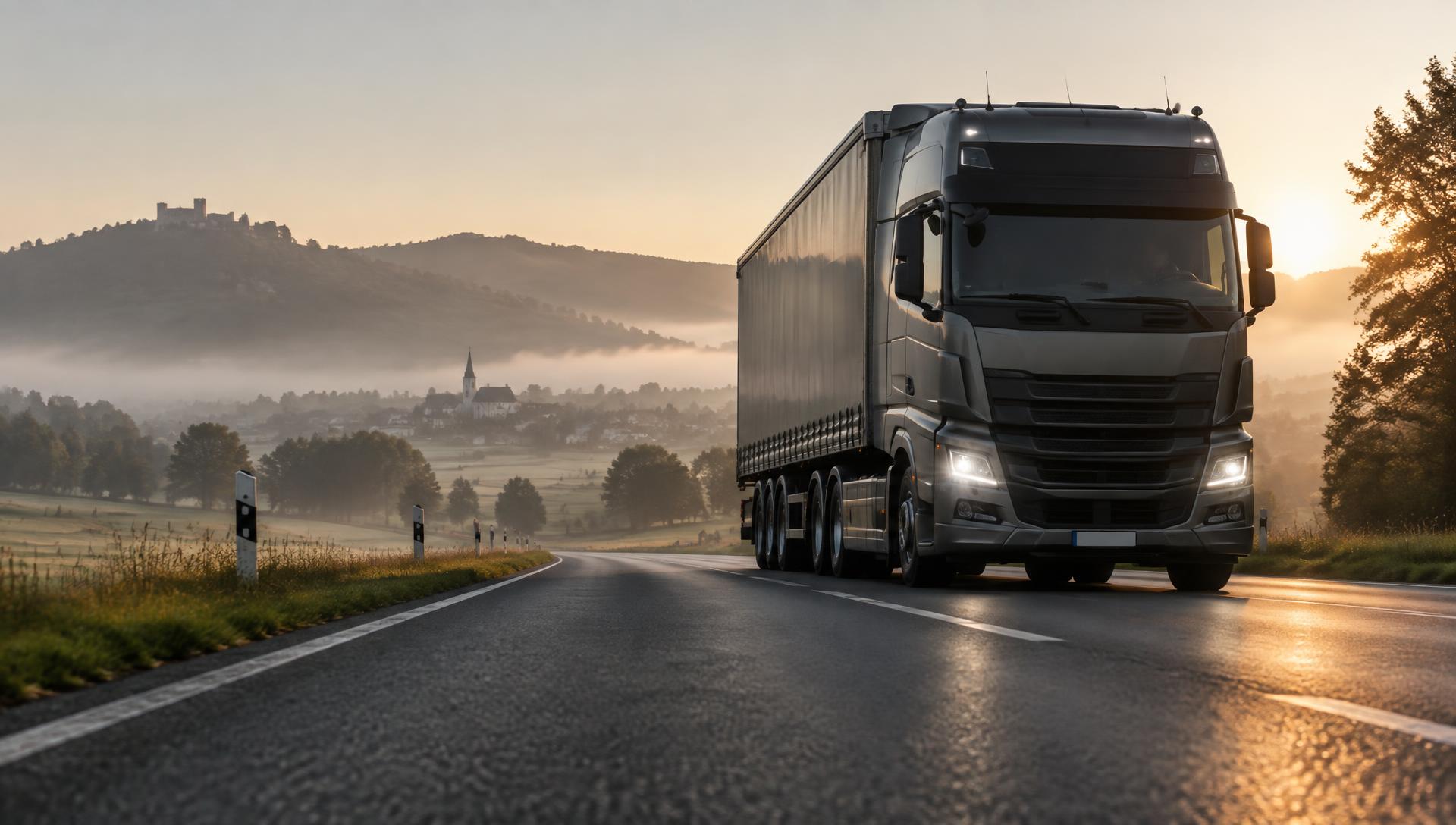 Atmosphärische Darstellung eines LKW auf einer Landstraße bei Sonnenaufgang